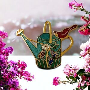 Cloisonne Watering Can Cardinal Brooch Pin Red Bird Gold Tone Enameled Gardening